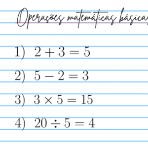 Questões de operações básicas escritas em um caderno